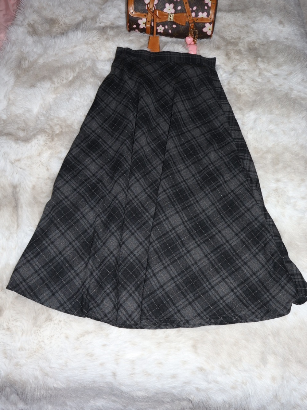 Classic Black Plaid A-Line Midi Skirt